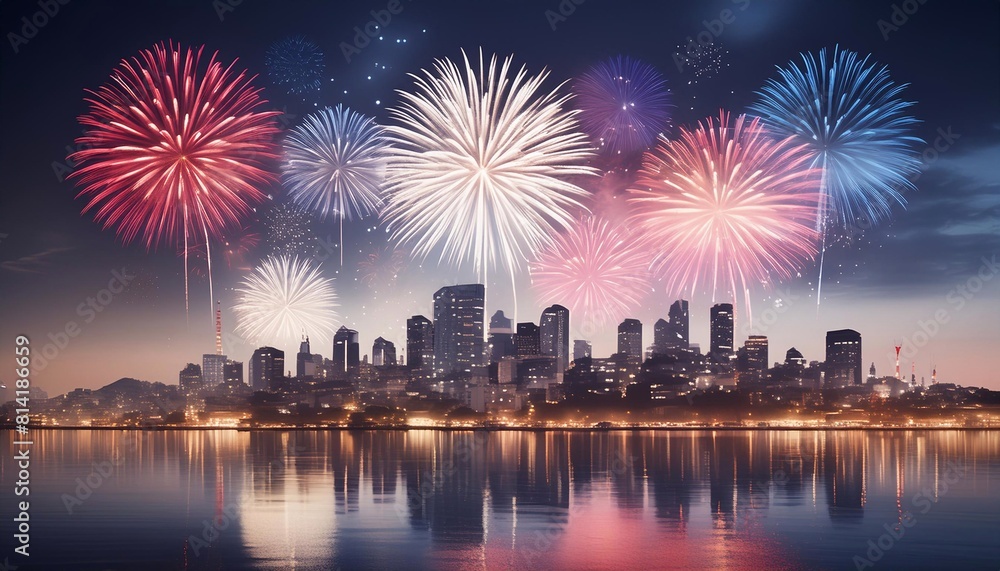 realistic white and red fireworks in the night sky realistic white and red fireworks in the night sky