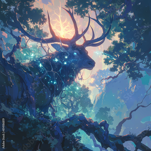 The majestic stag stands in a fantastical forest landscape  surrounded by glowing plants and mystical creatures. This otherworldly image captures the essence of fantasy and wonder.