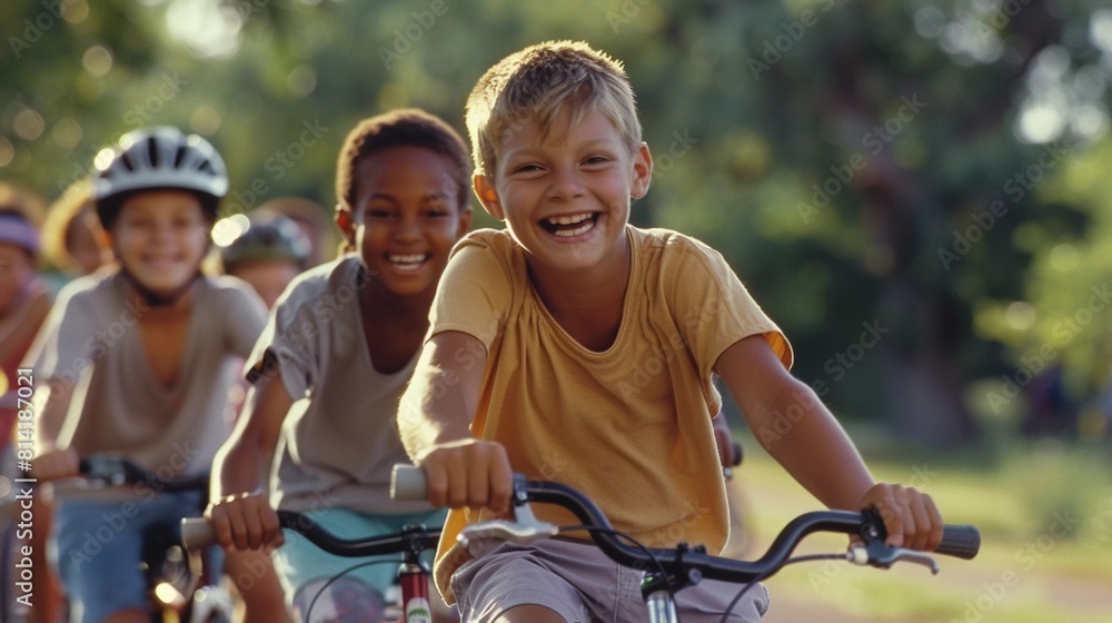 Obraz premium Wheelie Fun: Children Share Joy and Camaraderie on a Bike Ride (Social Aspects of Cycling)
