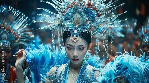 Illuminate the fusion of cultural celebration and marine beauty with an unexpected frontal view, showcasing intricate costumes mingling with graceful sea creatures photo