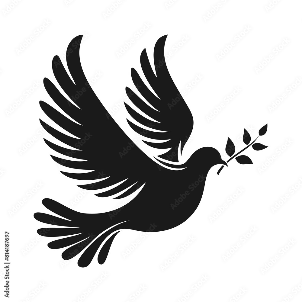 Fototapeta premium Black silhouette of flying dove with a olive branch in its beak isolated on white background, side view. Vector illustration