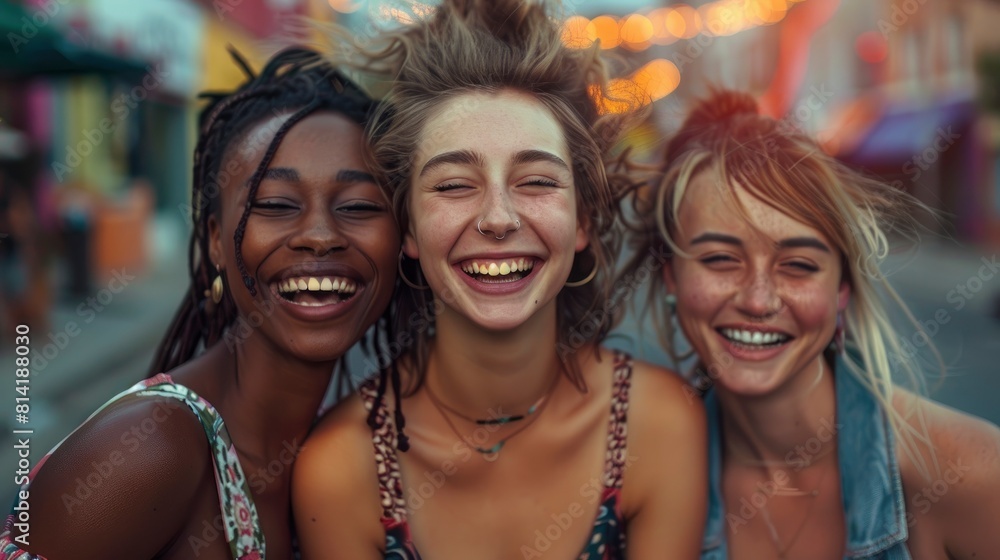 Three Young And Diverse Women Had Fun On The City Streets, Their Laughter Blending Harmoniously In The Multicultural Atmosphere,High Resolution Three Young And Diverse Women Had Fun On The City Streets, Their Laughter Blending Harmoniously In The Multicultural Atmosphere,High Resolution