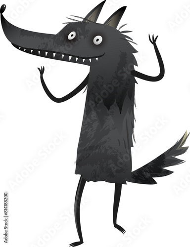 Scary big wolf smiling, funny character design. Angry animal wolf character, fun cartoon for kids story or fairy tale. Artistic vector children illustration in watercolor style, isolated clipart. © Popmarleo