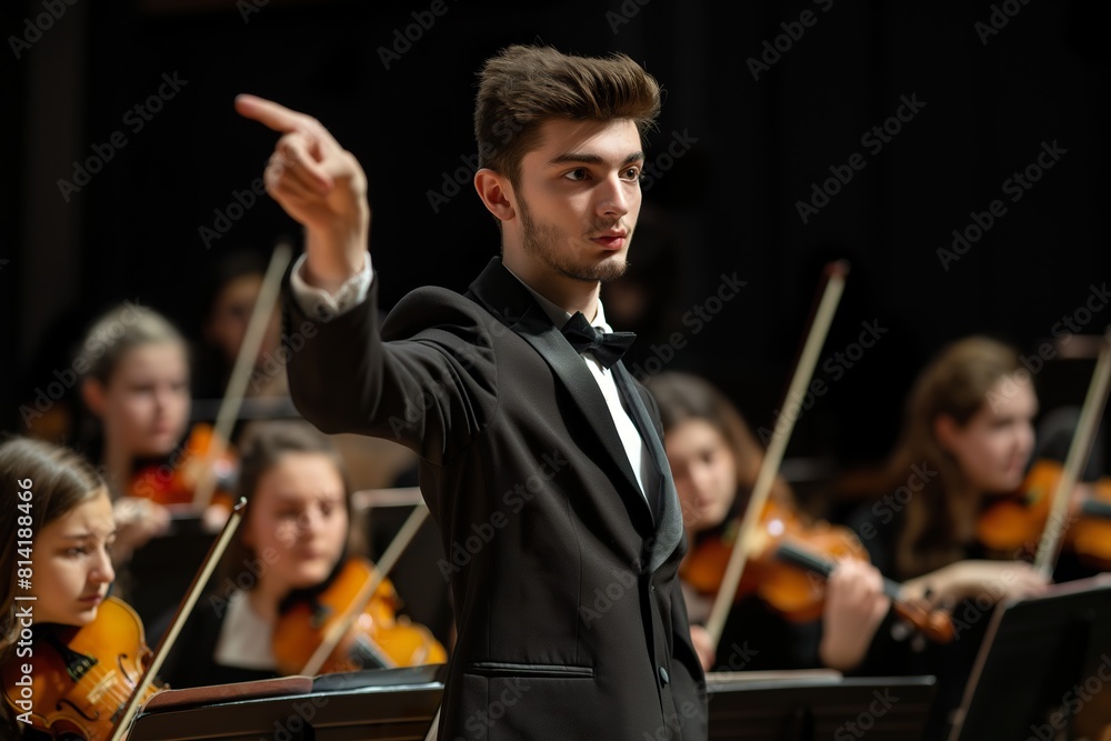 Fototapeta premium A man in a tuxedo is directing an orchestra, pointing towards the musicians in a concert hall.