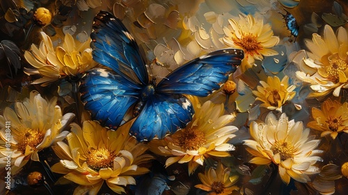 Blue Morpho Butterfly.butterfly on yellow flower photo