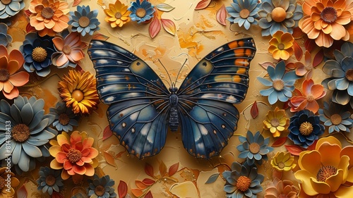 Blue Morpho Butterfly among orange and yellow flowers. photo