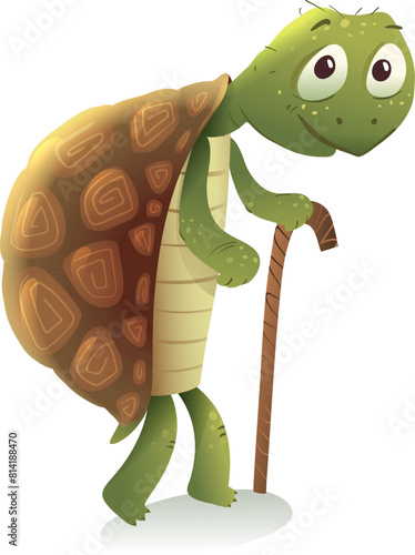 Old Tortoise or land turtle walking with cane or walking stick. Cute old Tortoise animal character for children story . Turtle illustration for kids fairytale. Vector cartoon clipart. © Popmarleo
