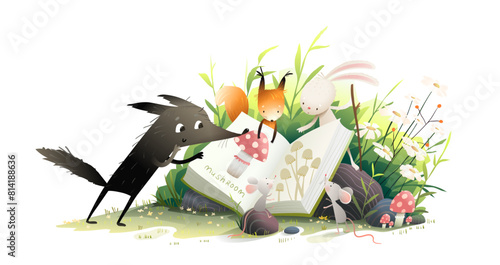 Cute animals reading book in nature. Rabbit mouse wolf and squirrel study a book about mushrooms in forest landscape. Kids illustration for story or fairytale. Hand drawn vector cartoon for children. © Popmarleo