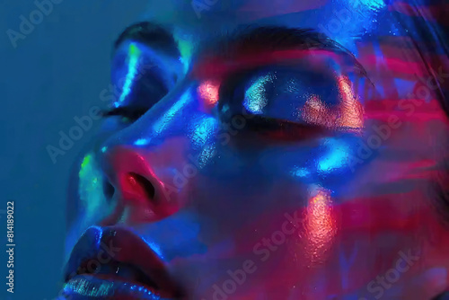 Close-up of a woamn face illuminated by colorful  neon lights reflective skin   shimmery effect  with hues of blue  pink  and yellow  highlighting the cheekbones  eye  and nose. 