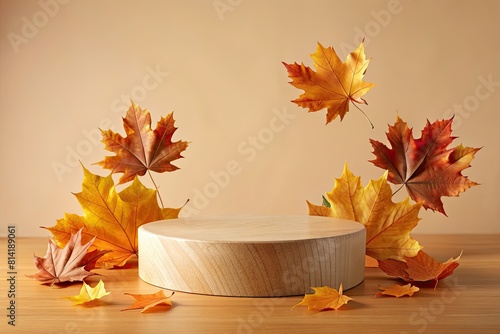 Wooden podium with autumn leaves on wooden table and beige background