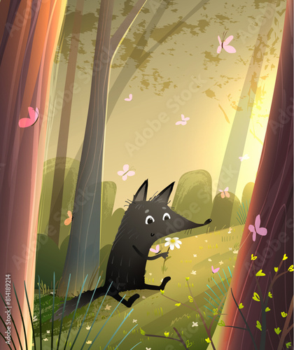 Little friendly wolf in green wild forest lawn with butterflies and flowers. Cute animal character in woods, kind cartoon for kids story or fairy tale. Vector children illustration in watercolor style © Popmarleo