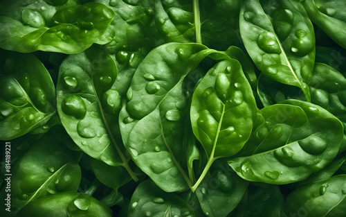 Heap of fresh spinach leaves, dewy and green, macro close-up