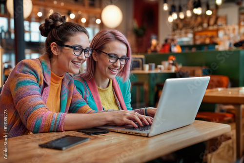 Coworking. Work on line. Two young ladies in colorful clothes, happily working on a laptop at a cafe table. Soft, cinematic light. Senior adult woman with glasses using laptop.