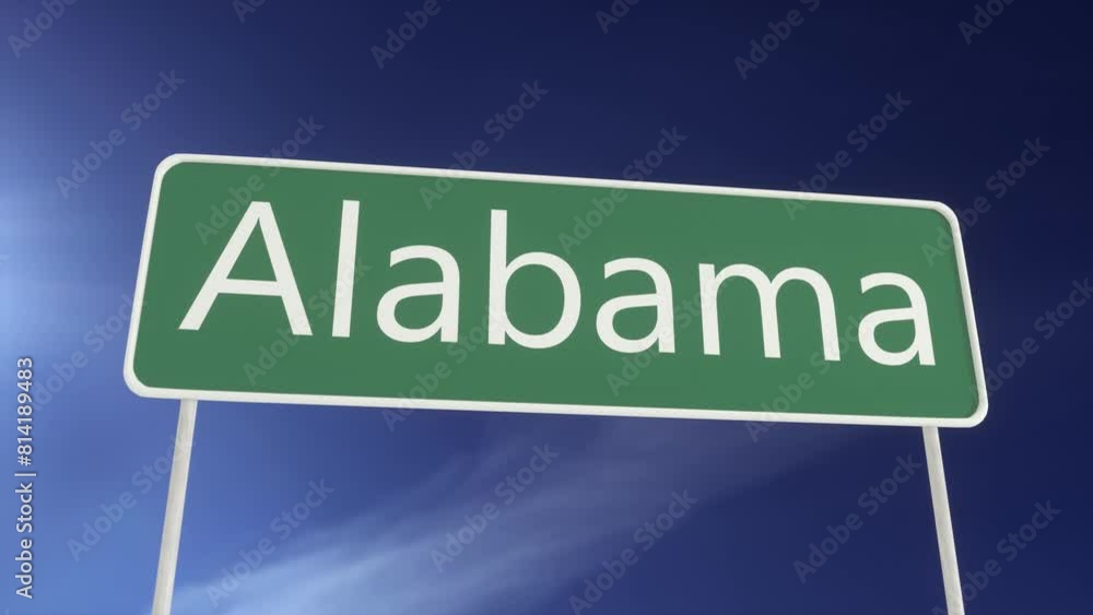 Welcome to Alabama. Alabama road sign on a blue sky. City arrival with direction to Alabama. Travel, business, tourism and transport concept Welcome to Alabama. Alabama road sign on a blue sky. City arrival with direction to Alabama. Travel, business, tourism and transport concept