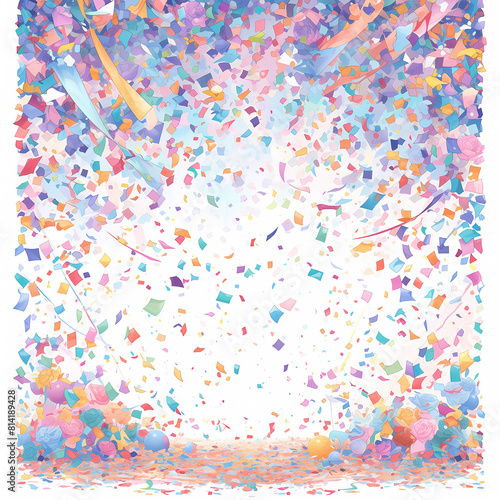 A lively and dynamic stock image of colorful three-dimensional confetti raining down to celebrate any occasion with excitement and joy. Perfect for event promotion or festive atmosphere enhancement.