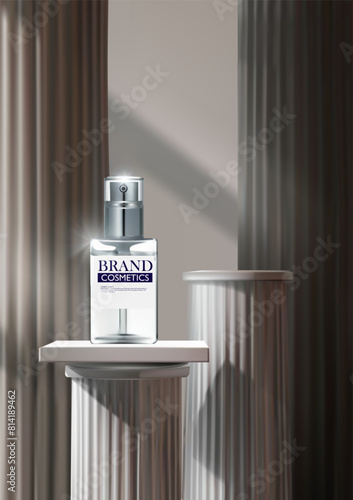 Cosmetic product mockups on Greek Doric column . Cosmetic ads flyer or banner design.  realistic vector illustration.