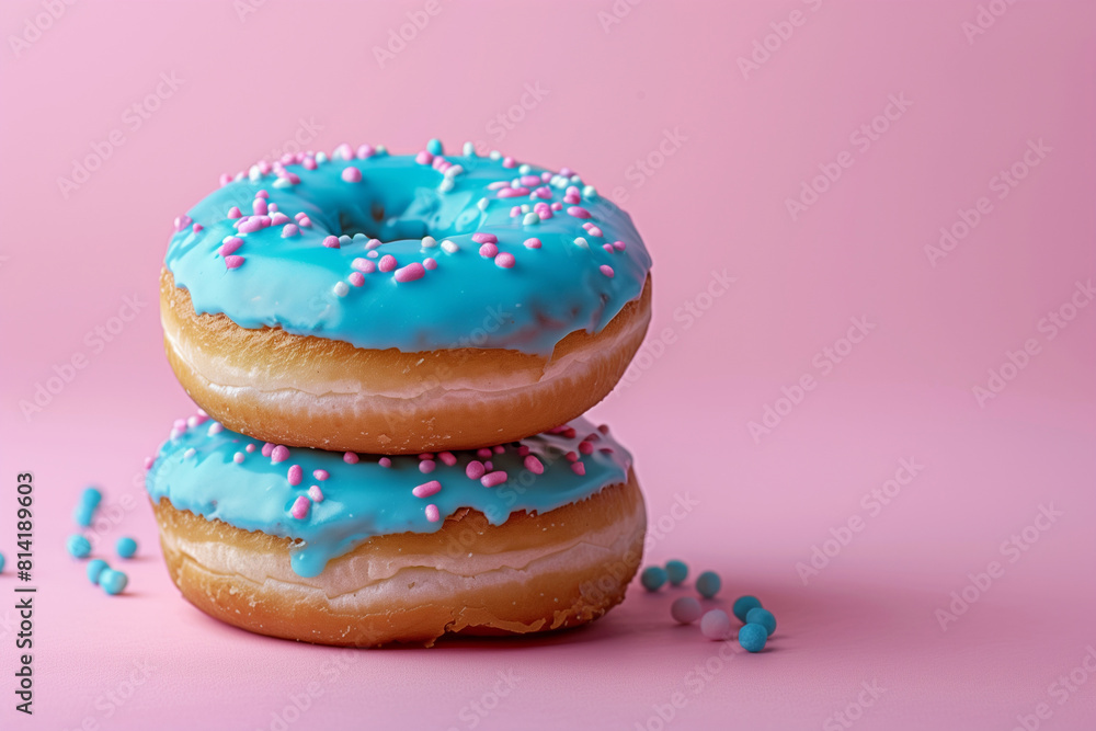 Donuts with blue icing on a pink background, copy space. National donut day concept Donuts with blue icing on a pink background, copy space. National donut day concept