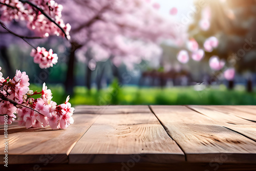 Empty wooden table in Sakura flower Park with garden bokeh background with a country outdoor theme  Template mock up for display of product