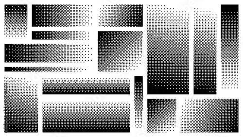 Pixel art halftone stripes, linear pixel gradients set. Decay effect. Mosaic textures. Dither Gradient. Pixels scattered, dissolve. Vector illustration.