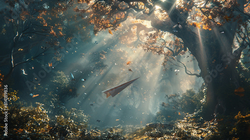 A paper plane soaring above a enchanted forest with mythical creatures