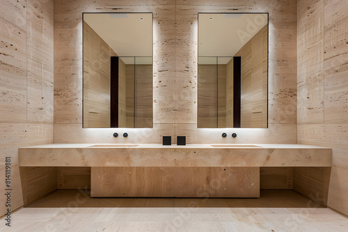 Minimalistic contemporary modern bathroom with two sinks and mirrors