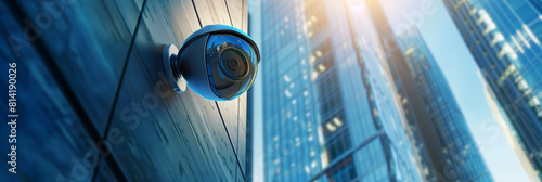 A striking close-up captures the sleek design of a modern security camera affixed to a wall, its lens focused and vigilant against a backdrop of a serene, clear blue sky and softly photo