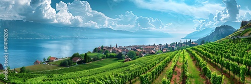 Lavaux vineyard terraces, UNESCO World Heritage near Lake Geneva, around Lausanne, Canton of Vaud, Switzerland, Village of Grandvaux realistic nature and landscape photo