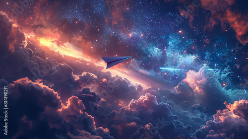 A paper plane flying through a cosmic nebula and star-filled galaxy photo