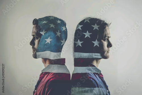 Double Exposure of American Flag and Couple Facing Away from Each Other - Divided Politics Concept
