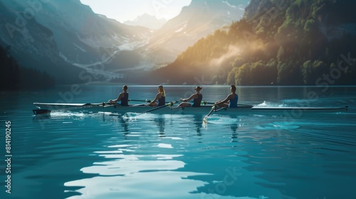 Four women rowing in a boat on a lake with mountains in the background AIG51A.