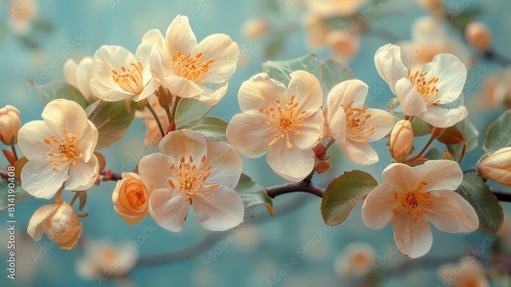 Light pink cherry blossom flowers on a branch with green leaves against a blurred background. Light pink cherry blossom flowers on a branch with green leaves against a blurred background.
