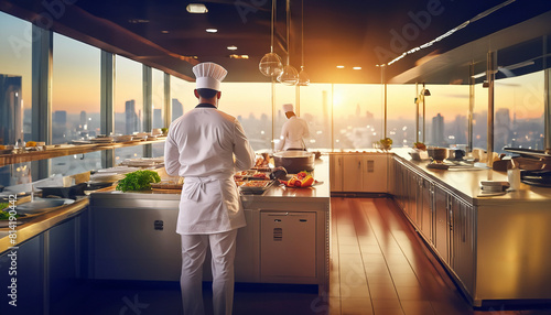 Two chefs in a kitchen, bathed in the warm glow of a city sunset, prepare a meal. The modern kitchen, with its stainless steel countertops, overlooks a stunning skyline. Generative Ai
