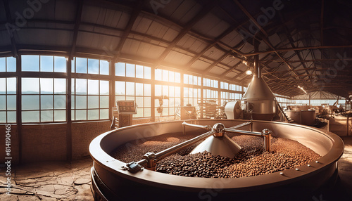 A spacious coffee roasting facility bathed in natural light, showcasing a large roaster filled with coffee beans. Generative Ai.