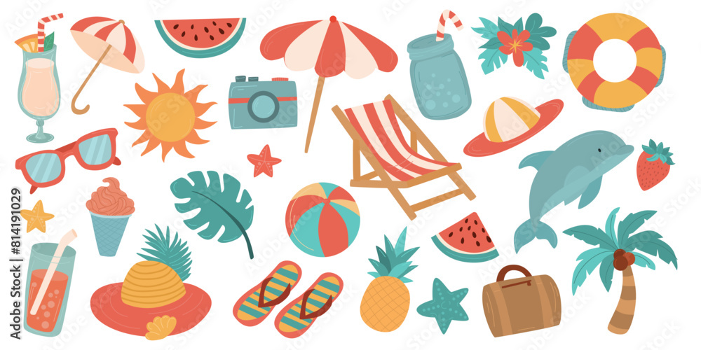 Set cute summer holiday beach elements.