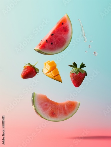 Creative summer composition made of fresh summer fruits levitate in the air against gradient pastel soft blue and pink background