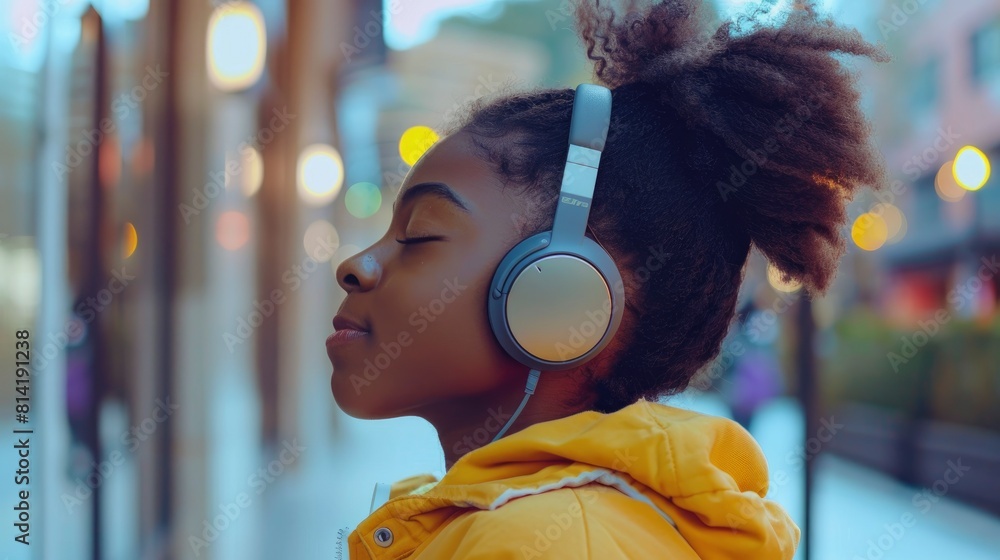 Obraz premium An Attractive Young African American Girl Wore Wireless Headphones, Enjoying Her Favorite Music Or Podcast,High Resolution