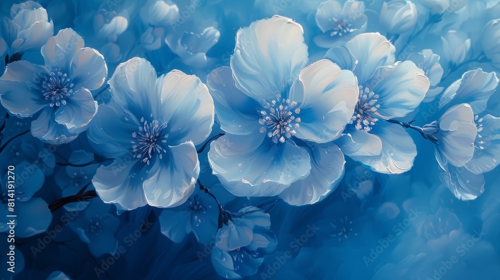 The image is a painting of blue flowers The image is a painting of blue flowers