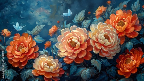 Wallpaper Mural The image is a beautiful painting of orange and yellow flowers with green leaves against a dark blue background Torontodigital.ca