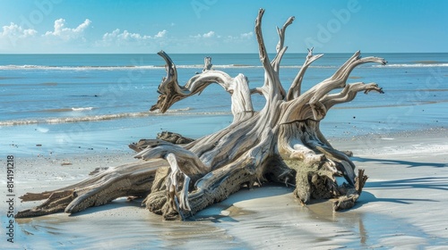 A majestic piece of driftwood rests on the sandy beach under the colorful sunset sky  creating a beautiful natural landscape art piece with the surrounding clouds  water  and trees AIG50