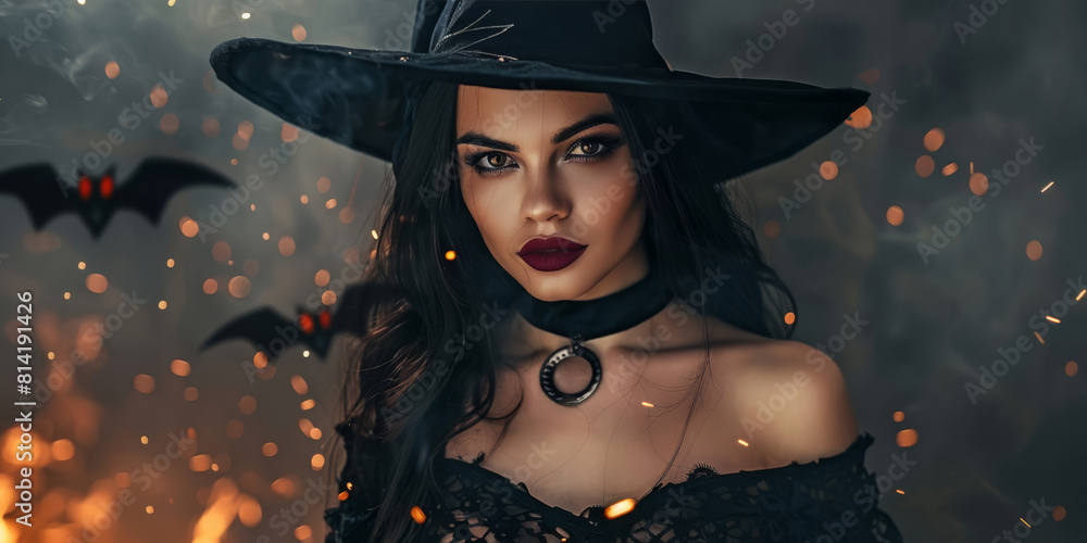 Brunette woman in a black witch costume, perfect for Halloween, on background with smoke, glowing embers and silhouettes of bats. She has dark, striking makeup and is wearing a wide-brimmed witch hat Brunette woman in a black witch costume, perfect for Halloween, on background with smoke, glowing embers and silhouettes of bats. She has dark, striking makeup and is wearing a wide-brimmed witch hat