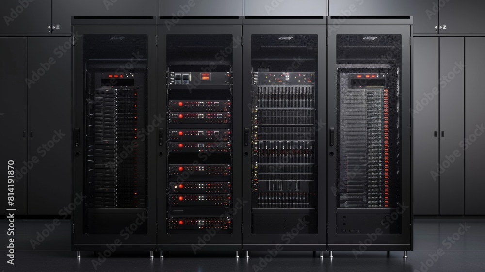 The image shows a modern data center with rows of server racks. The image shows a modern data center with rows of server racks.