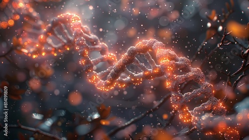 The image shows a glowing double helix representing DNA. © admin_design