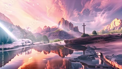 Wierd rock formations in the American Southwest with a Christian cross on top of a hill with pink lenticular clouds overhead with a reflecting pond below. Backdrop animation for church service.