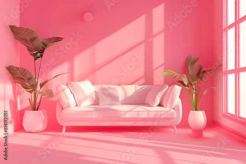 Contemporary bright pink interior concept with couch and plants