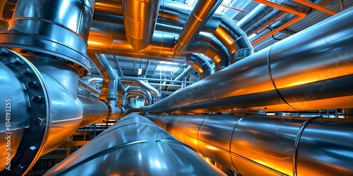 Industrial Ventilation System with Chrome-Plated Pipes: A View From Below the Ceiling. Concept Industrial Ventilation Systems, Chrome-Plated Pipes, Ceiling View, Below Perspective photo