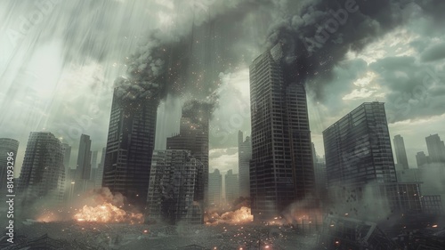 The image shows a post-apocalyptic city. The buildings are in ruins and the streets are deserted. The sky is filled with smoke and debris.