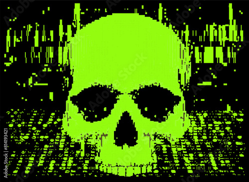 Green skull on a glitchy pixelated background. The concept of cybersecurity and malware.