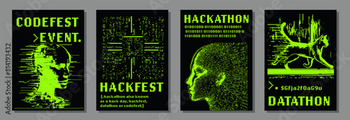 Set of retrofuturistic posters for hackathon (also known as a hack day, hackfest, datathon or codefest) event with set of 1-bit pixel art illustrations of human heads and glitched elements. photo