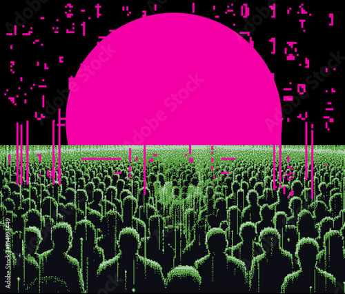 Retrofuturistic pixel art illustration depicting a human crowd standing against a rising neon pink sun. Сonceptual representation of a dystopian future.