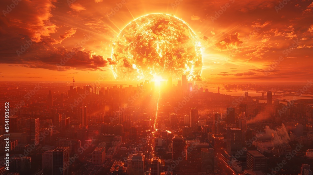 Obraz premium The world is ending in a fiery apocalypse. The sun is exploding, and the city is in ruins.